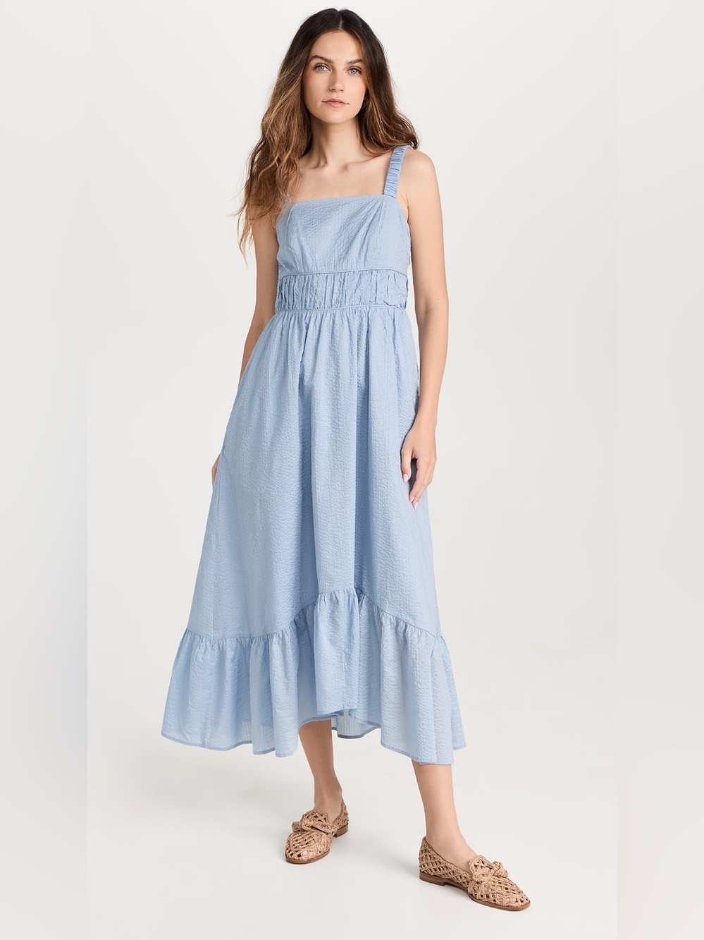Ayr The Happy Hour Midi Dress Seersucker Blue Pockets Smocked Cottagecore Large